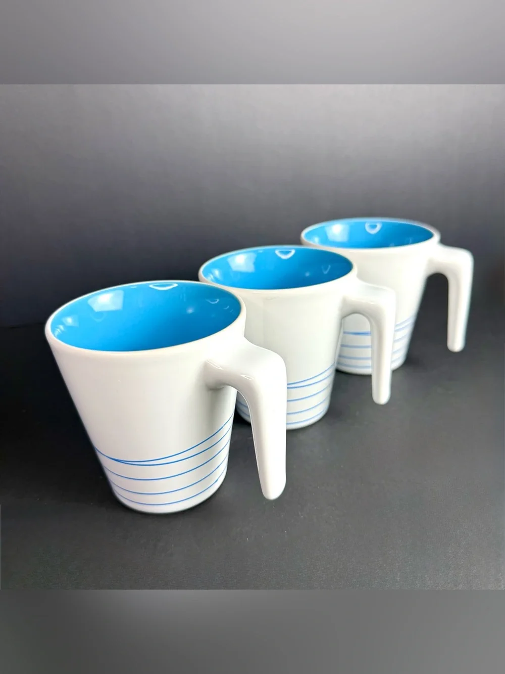 3 IKEA Hurrig Mugs White/Sky Blue Coffee Tea Cup Stackable Stick Handle Retired